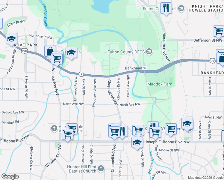 map of restaurants, bars, coffee shops, grocery stores, and more near 523 Chappell Road Northwest in Atlanta