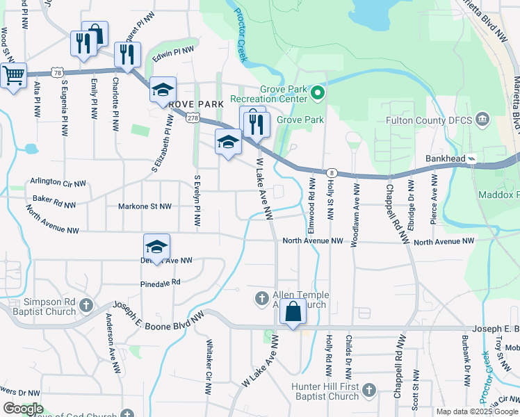 map of restaurants, bars, coffee shops, grocery stores, and more near 1687 Thoms Drive Northwest in Atlanta