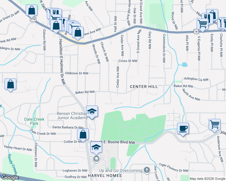 map of restaurants, bars, coffee shops, grocery stores, and more near 2415 Baker Road Northwest in Atlanta