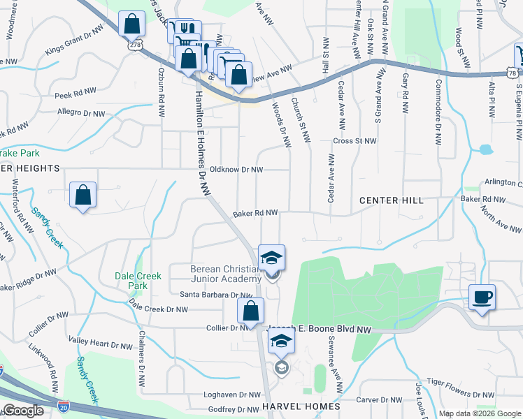 map of restaurants, bars, coffee shops, grocery stores, and more near 2535 Baker Road Northwest in Atlanta