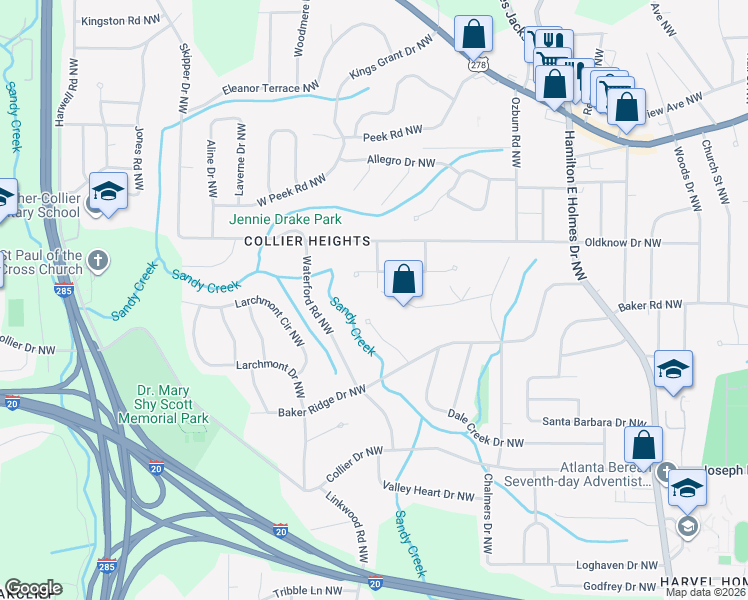 map of restaurants, bars, coffee shops, grocery stores, and more near 2856 Engle Road Northwest in Atlanta
