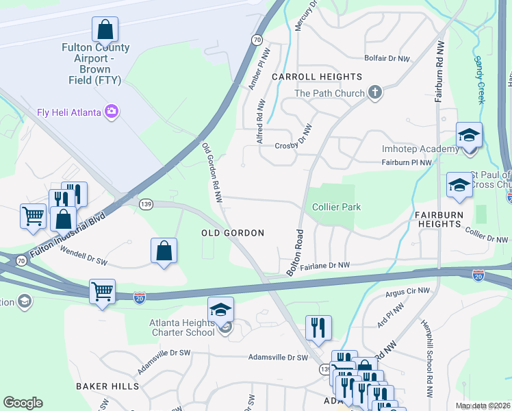 map of restaurants, bars, coffee shops, grocery stores, and more near 3800 Collier Drive Northwest in Atlanta