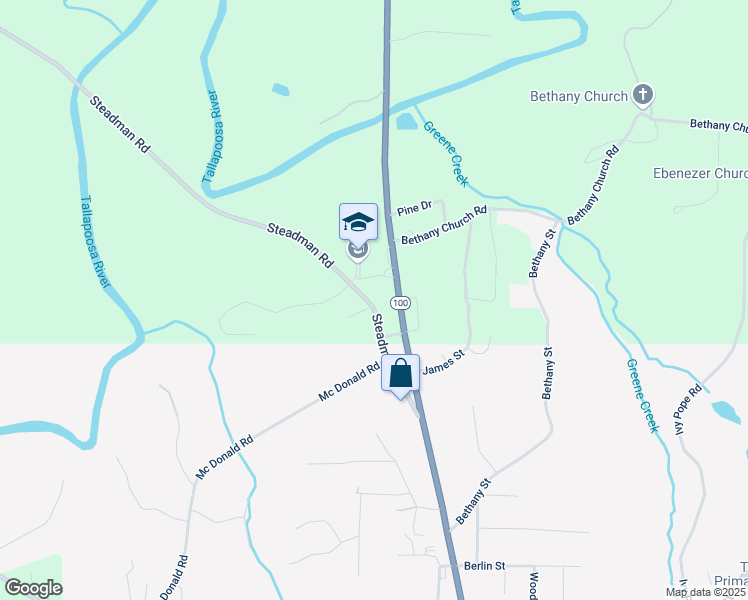 map of restaurants, bars, coffee shops, grocery stores, and more near 183 Steadman Road in Tallapoosa