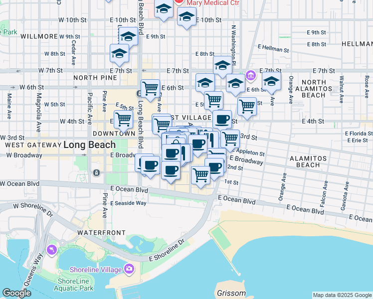 map of restaurants, bars, coffee shops, grocery stores, and more near 215 Atlantic Avenue in Long Beach