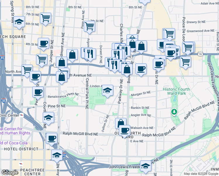 map of restaurants, bars, coffee shops, grocery stores, and more near 389 Linden Avenue Northeast in Atlanta