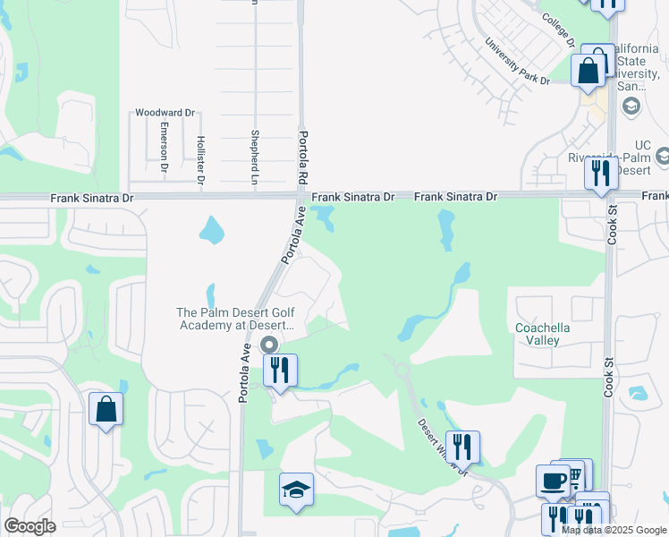map of restaurants, bars, coffee shops, grocery stores, and more near 502 Retreat Circle in Palm Desert