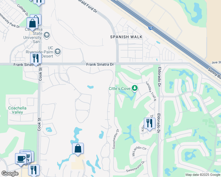 map of restaurants, bars, coffee shops, grocery stores, and more near 510 Desert Falls Drive East in Palm Desert