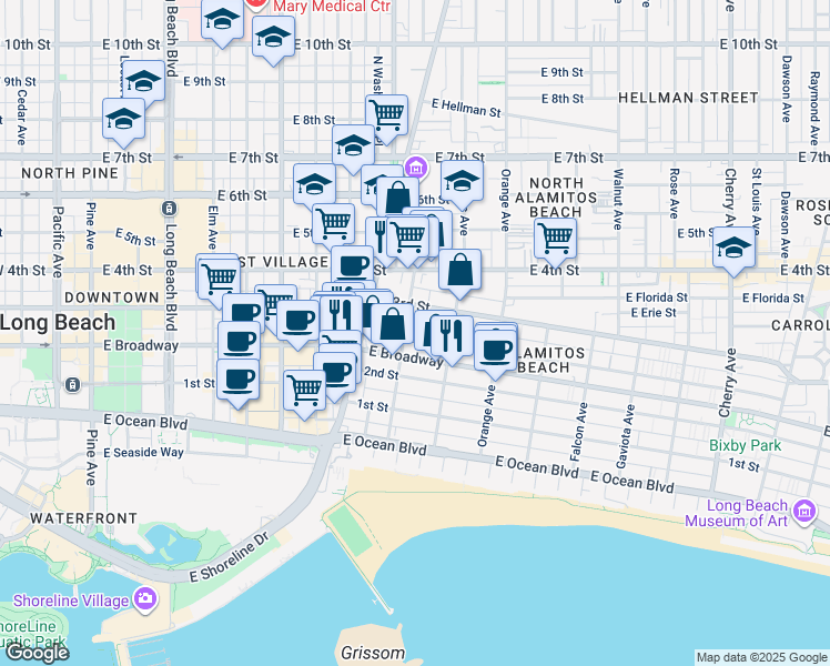 map of restaurants, bars, coffee shops, grocery stores, and more near 1013 East Appleton Street in Long Beach