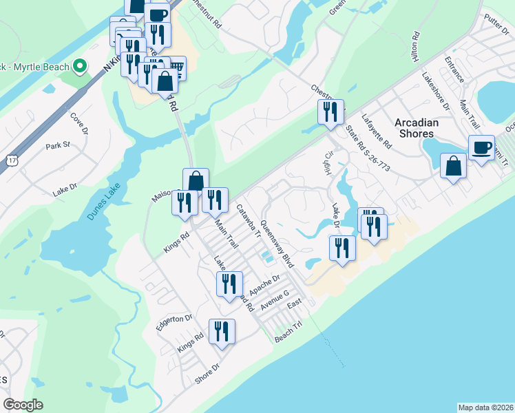 map of restaurants, bars, coffee shops, grocery stores, and more near 151 Wetherby Way in Myrtle Beach