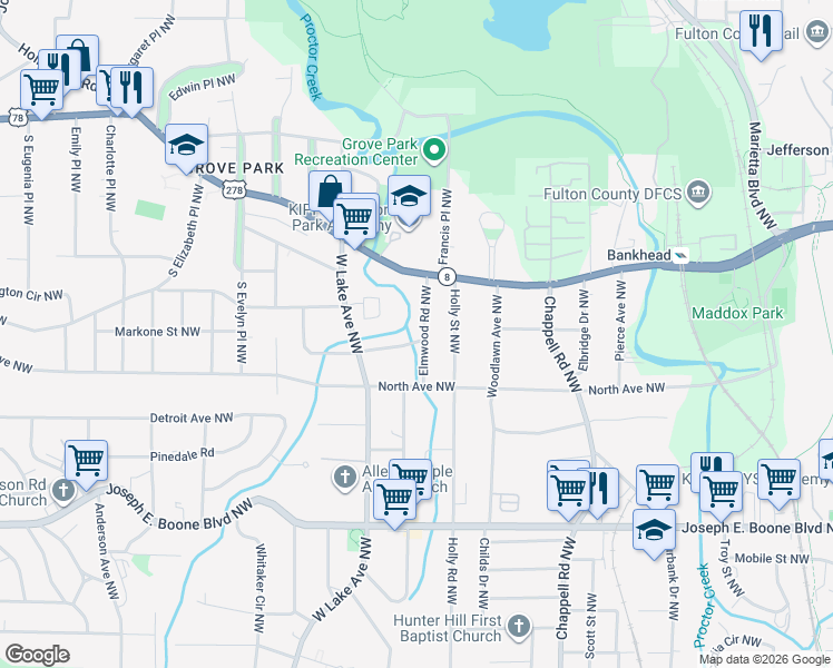 map of restaurants, bars, coffee shops, grocery stores, and more near 1591 Hasty Place Northwest in Atlanta