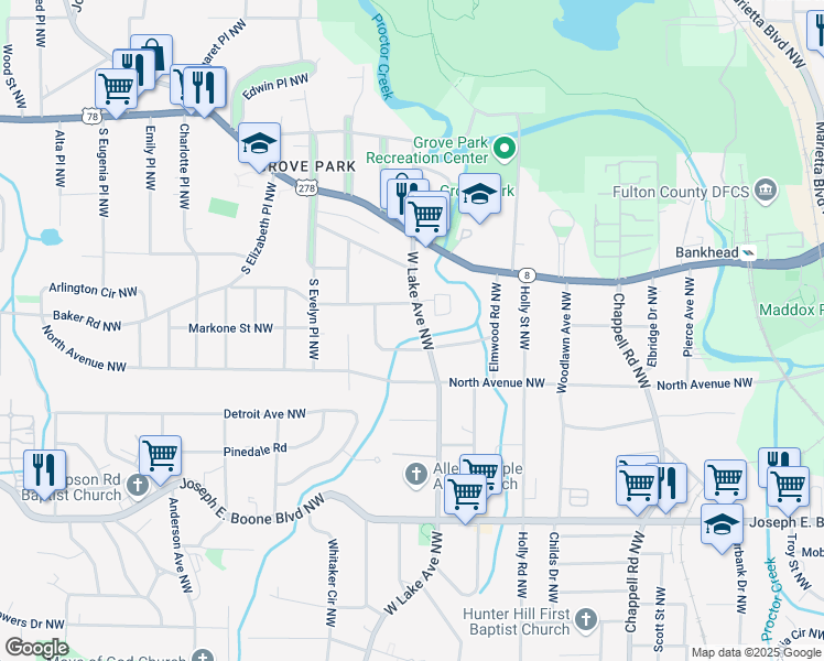 map of restaurants, bars, coffee shops, grocery stores, and more near 1687 Thoms Drive Northwest in Atlanta