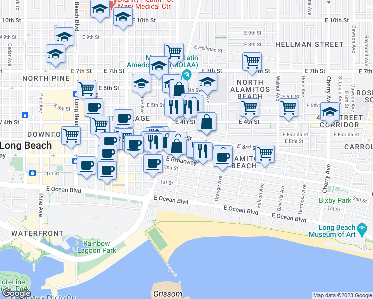 map of restaurants, bars, coffee shops, grocery stores, and more near 1013 East Appleton Street in Long Beach