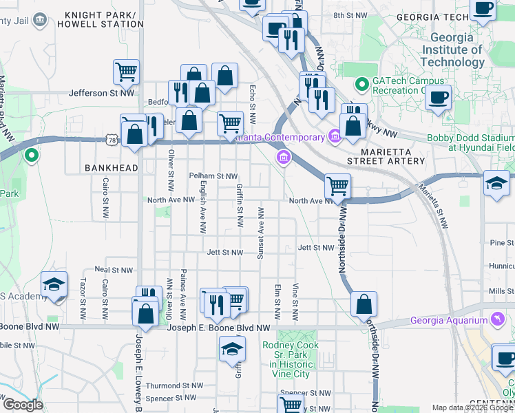 map of restaurants, bars, coffee shops, grocery stores, and more near 547 Sunset Avenue Northwest in Atlanta