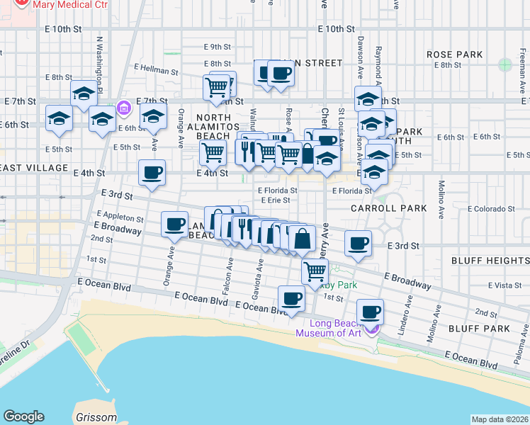 map of restaurants, bars, coffee shops, grocery stores, and more near 1637 East 3rd Street in Long Beach