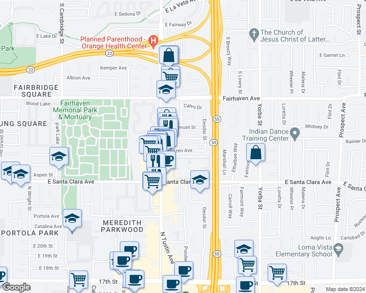 map of restaurants, bars, coffee shops, grocery stores, and more near 2233 Franzen Avenue in Santa Ana