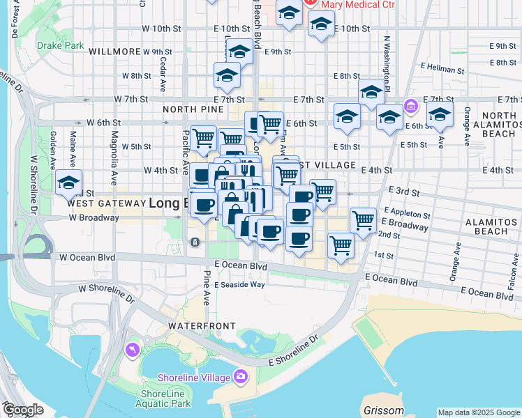 map of restaurants, bars, coffee shops, grocery stores, and more near 150 Long Beach Boulevard in Long Beach