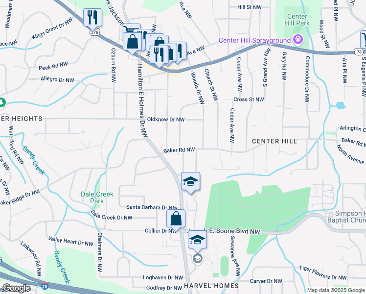 map of restaurants, bars, coffee shops, grocery stores, and more near 2535 Baker Road Northwest in Atlanta