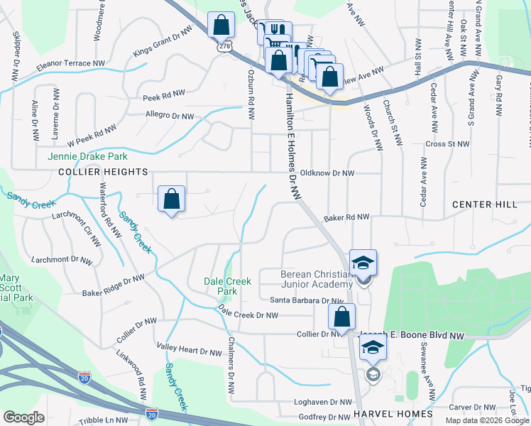 map of restaurants, bars, coffee shops, grocery stores, and more near 2641 Baker Ridge Drive Northwest in Atlanta