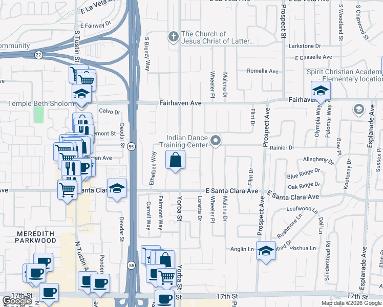 map of restaurants, bars, coffee shops, grocery stores, and more near 17551 Allegheny Drive in Santa Ana