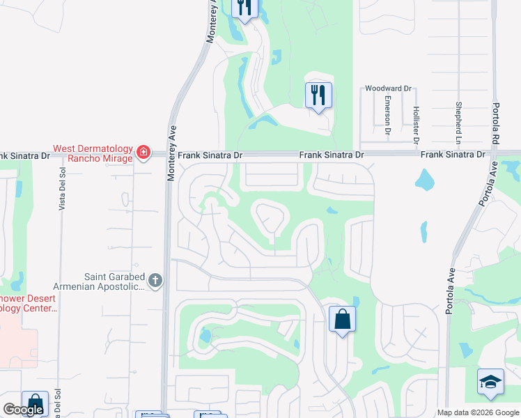 map of restaurants, bars, coffee shops, grocery stores, and more near 38153 Noble Canyon Drive in Palm Desert