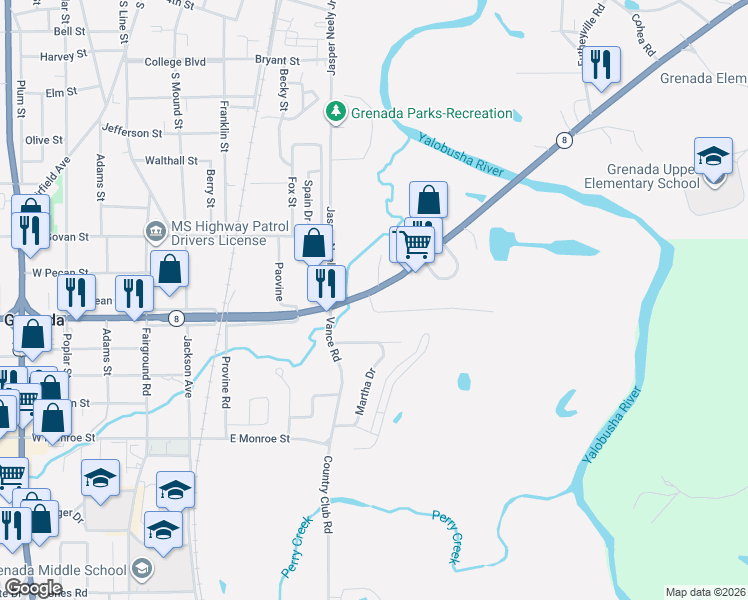 map of restaurants, bars, coffee shops, grocery stores, and more near 900 Eastview Drive in Grenada