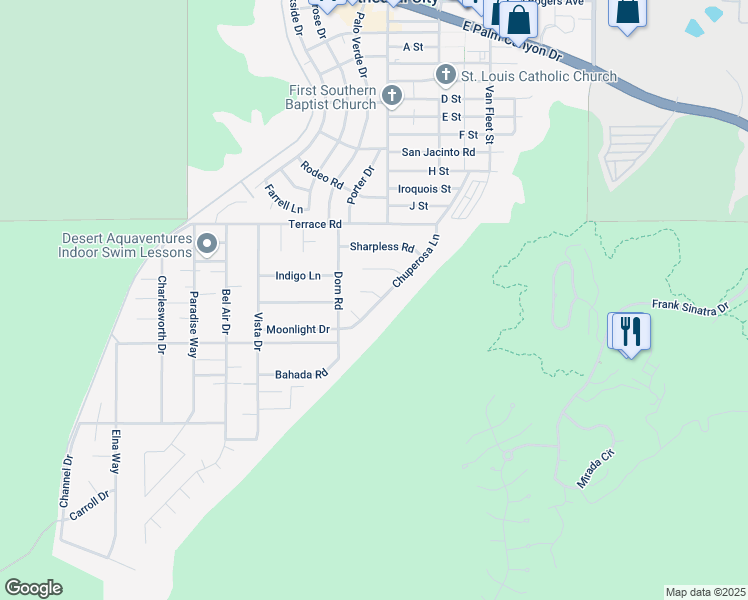 map of restaurants, bars, coffee shops, grocery stores, and more near 68565 Las Tunas Way in Cathedral City