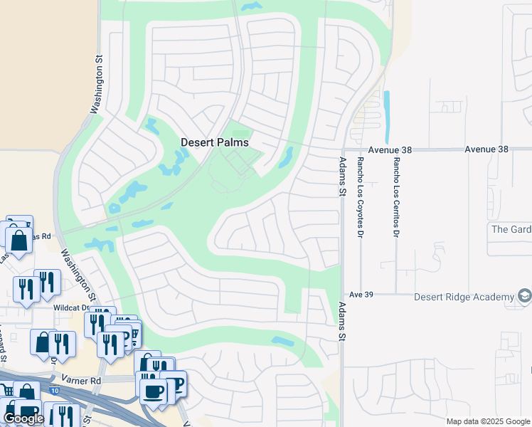 map of restaurants, bars, coffee shops, grocery stores, and more near 78718 Aguave Drive in Palm Desert