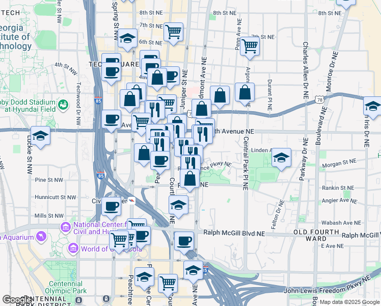 map of restaurants, bars, coffee shops, grocery stores, and more near 550 Piedmont Avenue Northeast in Atlanta