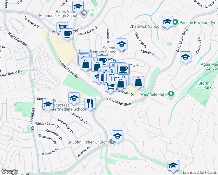 map of restaurants, bars, coffee shops, grocery stores, and more near 751 Deep Valley Drive in Rolling Hills Estates