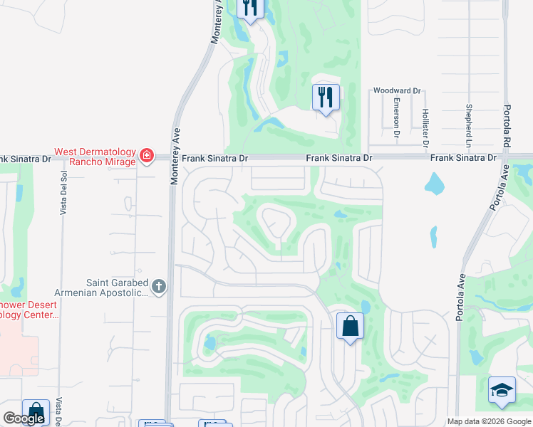 map of restaurants, bars, coffee shops, grocery stores, and more near 73342 Linda Circle in Palm Desert