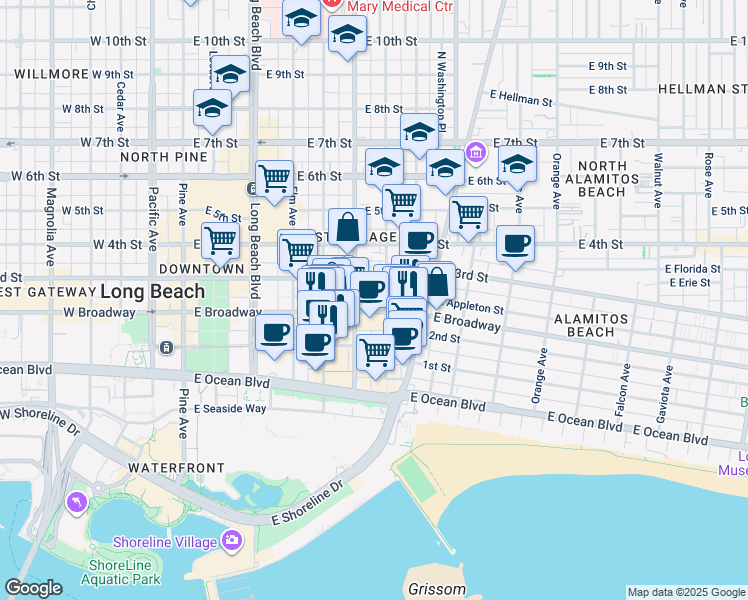 map of restaurants, bars, coffee shops, grocery stores, and more near 705 East Broadway in Long Beach