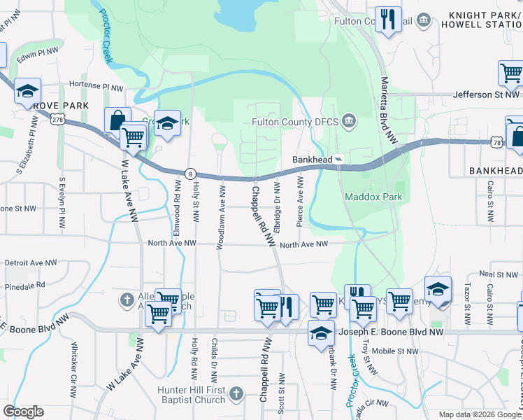 map of restaurants, bars, coffee shops, grocery stores, and more near 523 Chappell Road Northwest in Atlanta