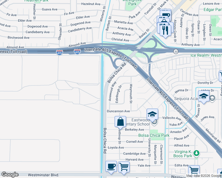 map of restaurants, bars, coffee shops, grocery stores, and more near 13291 Anawood Way in Westminster