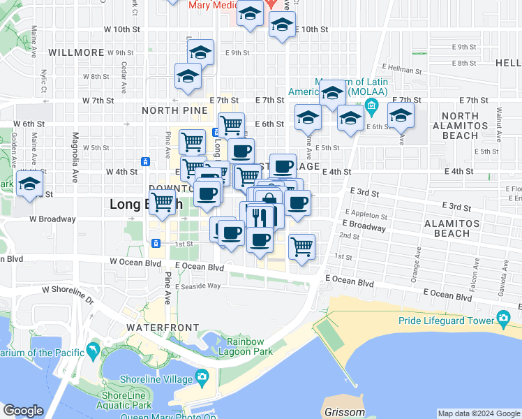map of restaurants, bars, coffee shops, grocery stores, and more near 215 Linden Avenue in Long Beach