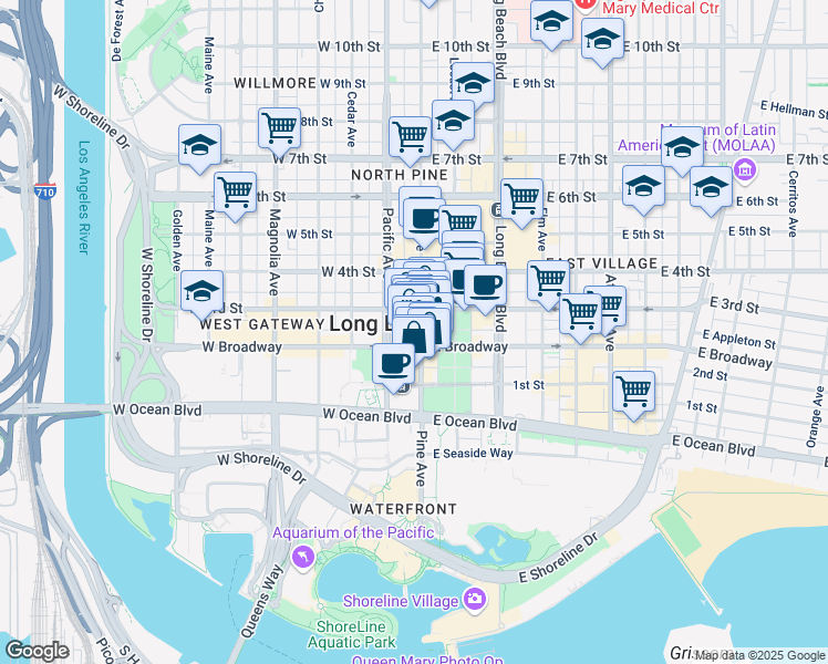 map of restaurants, bars, coffee shops, grocery stores, and more near 217 Pine Avenue in Long Beach