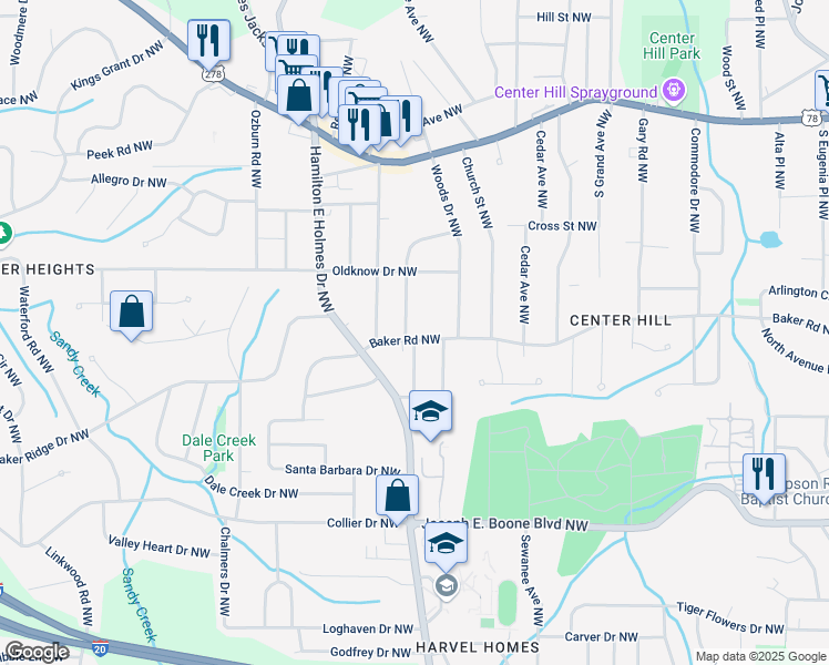 map of restaurants, bars, coffee shops, grocery stores, and more near 2537 Baker Road Northwest in Atlanta
