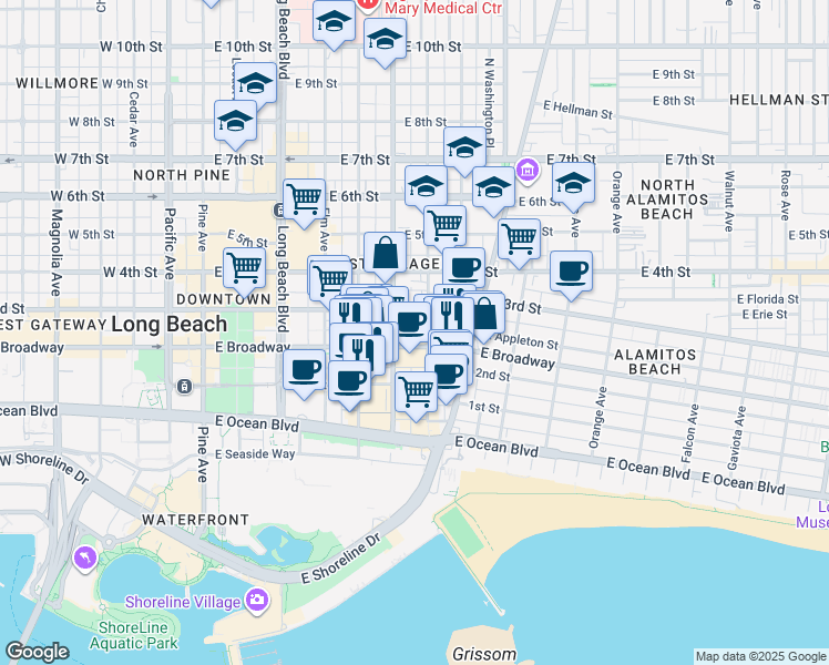 map of restaurants, bars, coffee shops, grocery stores, and more near 623 East Broadway in Long Beach