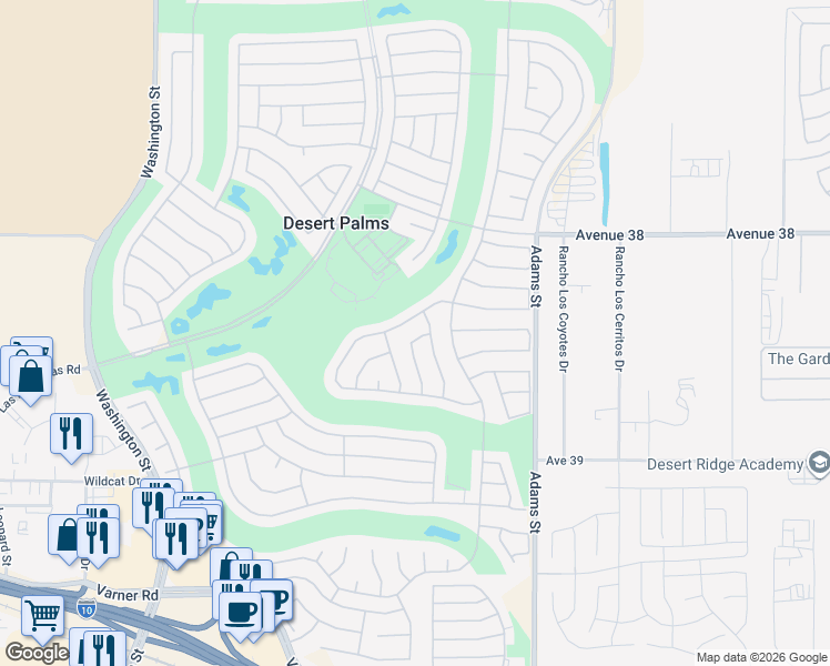 map of restaurants, bars, coffee shops, grocery stores, and more near 78718 Aguave Drive in Palm Desert