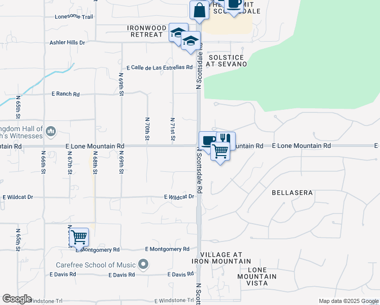 map of restaurants, bars, coffee shops, grocery stores, and more near 7171 East Lone Mountain Road in Scottsdale