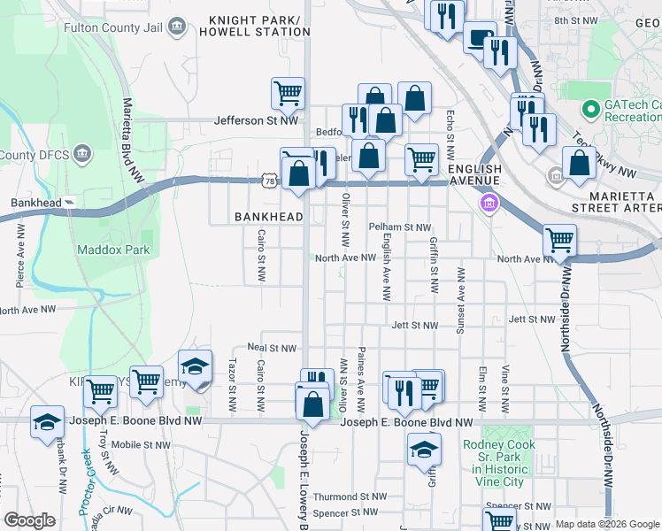 map of restaurants, bars, coffee shops, grocery stores, and more near 551 Lindsay Street Northwest in Atlanta