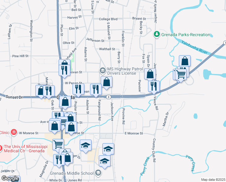 map of restaurants, bars, coffee shops, grocery stores, and more near 1301-1399 South Mound Street in Grenada