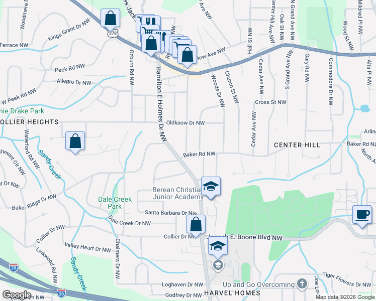map of restaurants, bars, coffee shops, grocery stores, and more near 2567 Baker Road Northwest in Atlanta