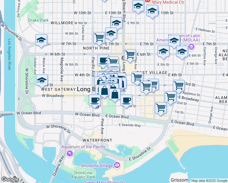 map of restaurants, bars, coffee shops, grocery stores, and more near in Long Beach