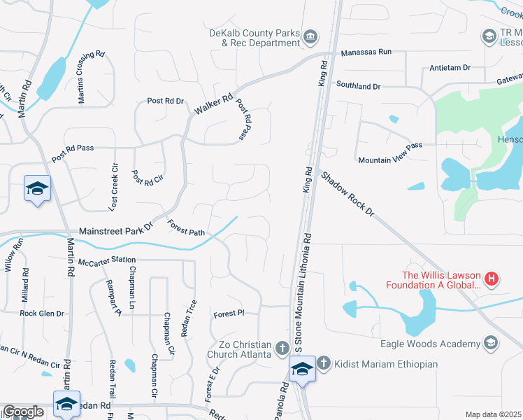 map of restaurants, bars, coffee shops, grocery stores, and more near 5446 Fox Haven Trail in Stone Mountain