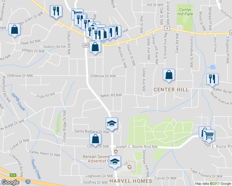 map of restaurants, bars, coffee shops, grocery stores, and more near 2535 Baker Road Northwest in Atlanta