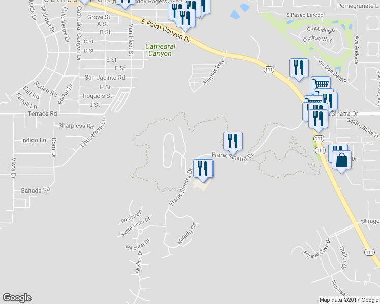 map of restaurants, bars, coffee shops, grocery stores, and more near 16 Santa Rosa Mountain Lane in Rancho Mirage