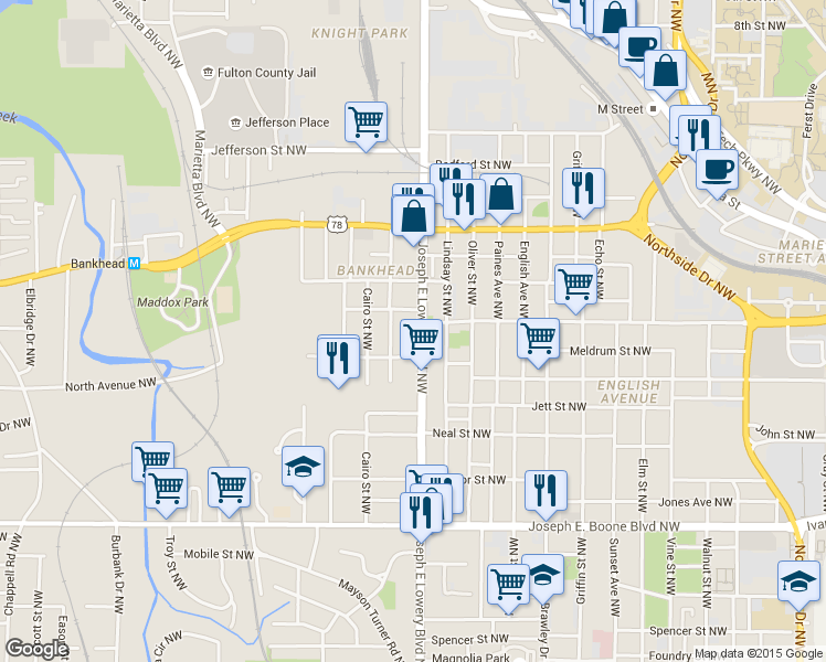 map of restaurants, bars, coffee shops, grocery stores, and more near 550 Joseph E Lowery Boulevard Northwest in Atlanta