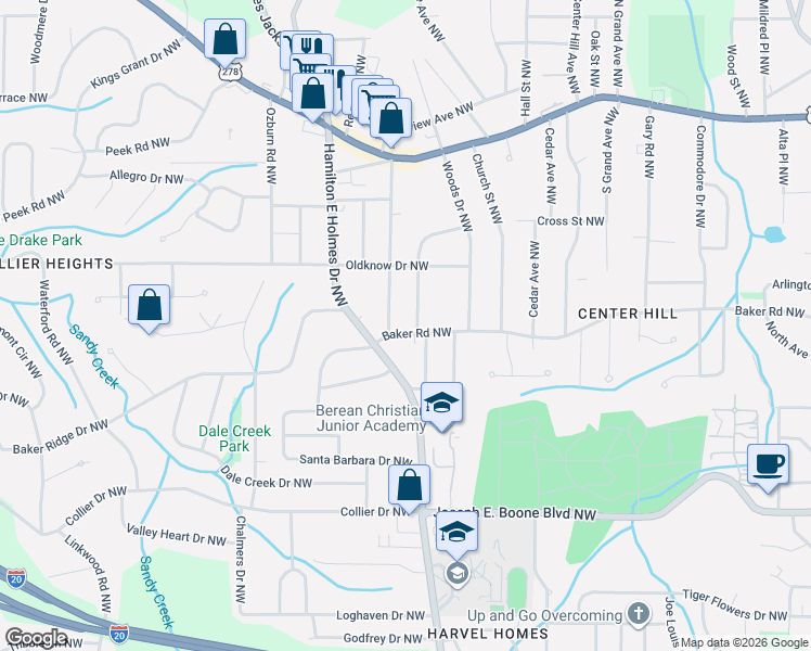 map of restaurants, bars, coffee shops, grocery stores, and more near 2567 Baker Road Northwest in Atlanta