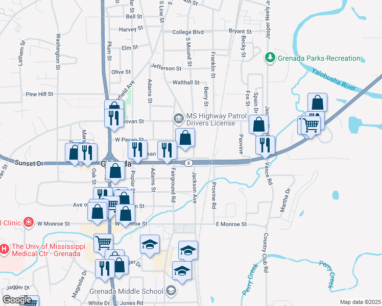 map of restaurants, bars, coffee shops, grocery stores, and more near 1399 South Mound Street in Grenada