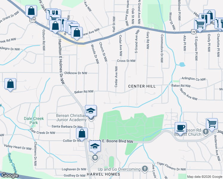 map of restaurants, bars, coffee shops, grocery stores, and more near 2415 Baker Road Northwest in Atlanta
